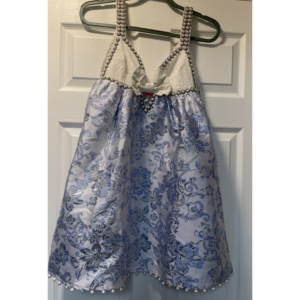 Free People White and Blue Beaded Strap Mini Dress